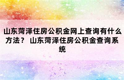 山东菏泽住房公积金网上查询有什么方法？ 山东菏泽住房公积金查询系统